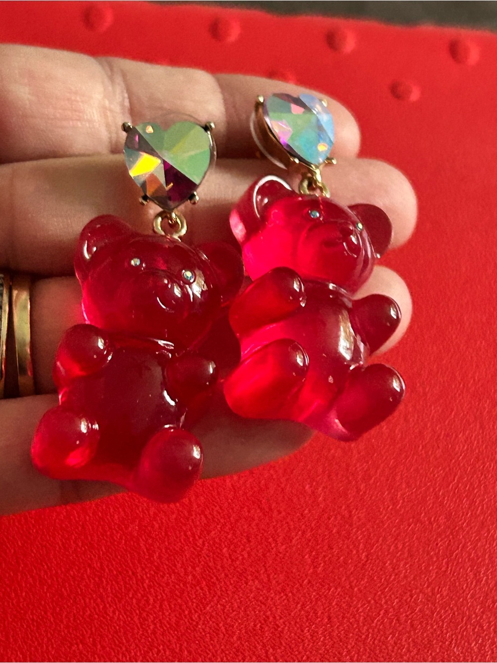 Betsy Johnson Red Gummy Bear Drop Earrings with Iridescent Heart Stud